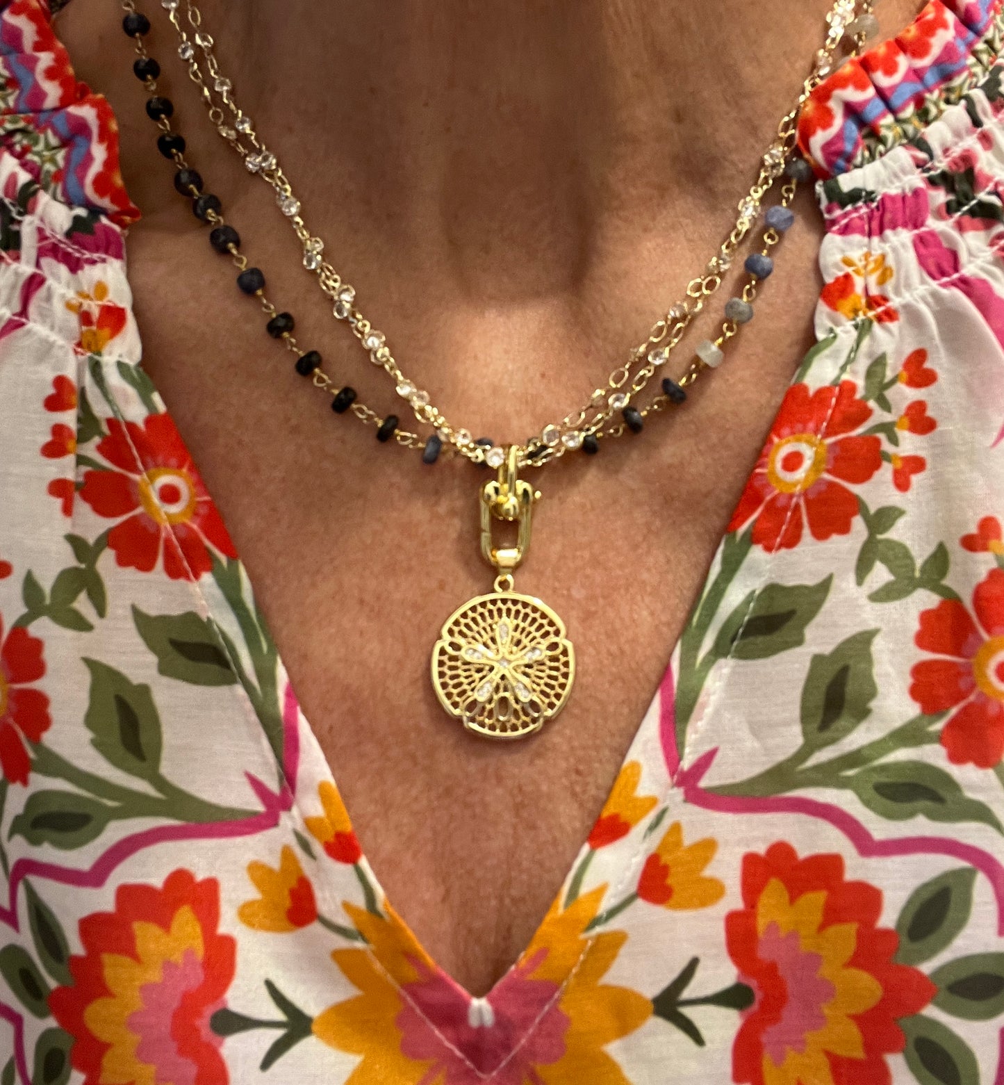 CZ Sand Dollar Pendant on Rope Chain
