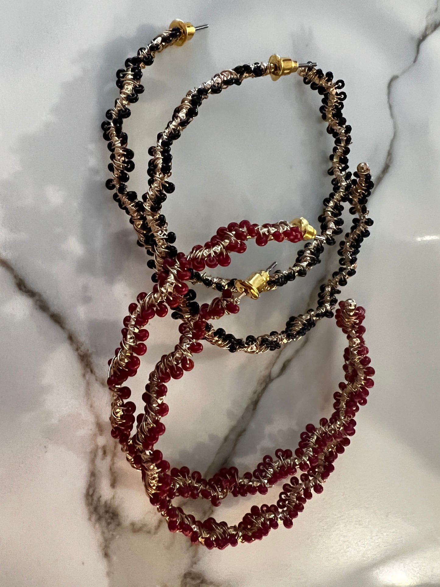 Beaded Black Red Hoops
