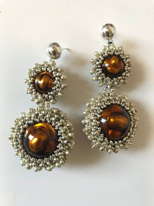 Silver Brown Bead Earrings