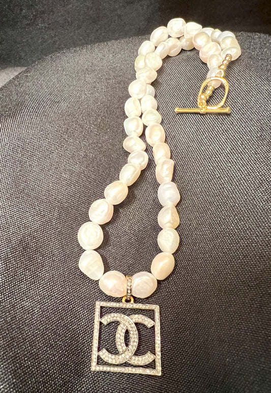 Double C Diamond Pearl Necklace