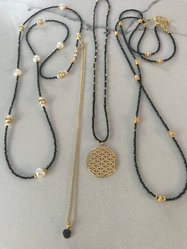 Black, Pearl, Gold Hand Beaded Necklaces